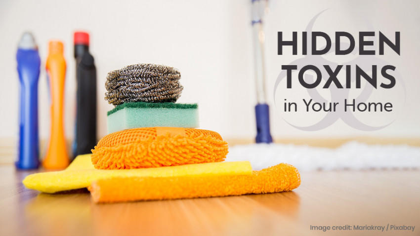 A variety of cleaning supplies, including sponges and a mop, are arranged in the foreground with text reading "Hidden Toxins in Your Home" on the right side.